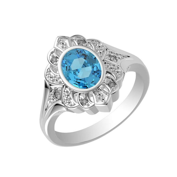 Naturel 6X4MM Swiss Blue Topaz Handmade 2-Tone Gold & Silver 925 Ring Taille 7